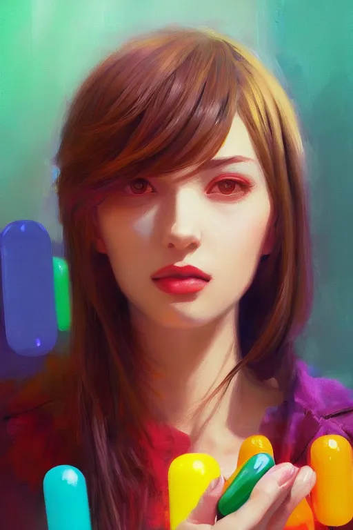 Image similar to a ultradetailed beautiful panting of a stylish woman, she is holding a bunch of colorful pills in her hand, high angle shot, oil painting, by ilya kuvshinov, greg rutkowski and makoto shinkai