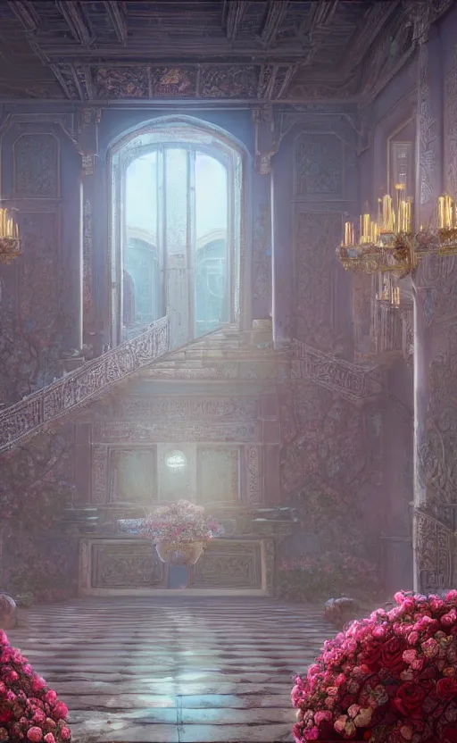 Image similar to vanishing point, palace covered with aqua blue roses like the forbidden city in distance at the red rose royal manor, viewed from afar, stephen bliss, misty, unreal engine, fantasy art by greg rutkowski, loish, ferdinand knab, and lois van rossdraws,, global illumination, radiant light, minimalist, detailed and intricate environment