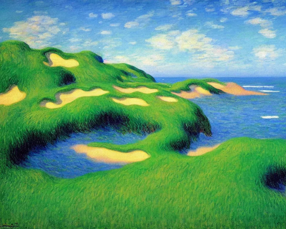 Prompt: achingly beautiful painting of pacific dunes course by rene magritte, monet, and turner.