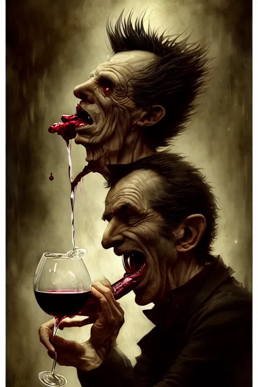 Prompt: old male vampire drinking red wine | esoteric symbolism | jean - baptiste monge, esao andrews, bastien lecouffe - deharme, tim jacobus, ken currie | ultra - detailed realism, soft cinematic lighting, hi - fructose, artstation, high - quality, ink watercolors wes anderson poster art