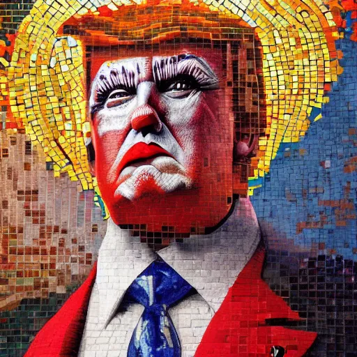 Prompt: mosaic portrait of clown trump into the sky by greg rutkowski, 4k, intricate details, dichotomy