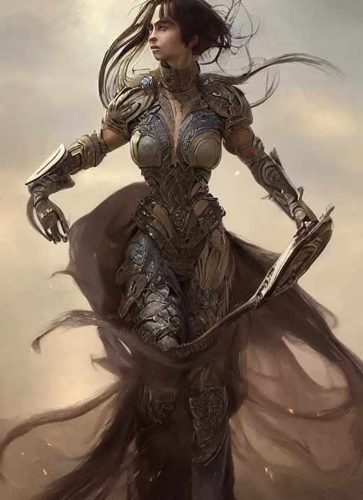 Image similar to a professional portrait of a beautiful young female, clothed in ethereal battle armor, olive skin, long dark hair, beautiful bone structure, symmetrical facial features, intricate, elegant, digital painting, concept art, smooth, sharp focus, finely detailed, illustration, from Valerian and the City of a Thousand Planets, in the style of Ruan Jia and Mandy Jurgens and Artgerm and Greg Rutkowski and William-Adolphe Bouguerea