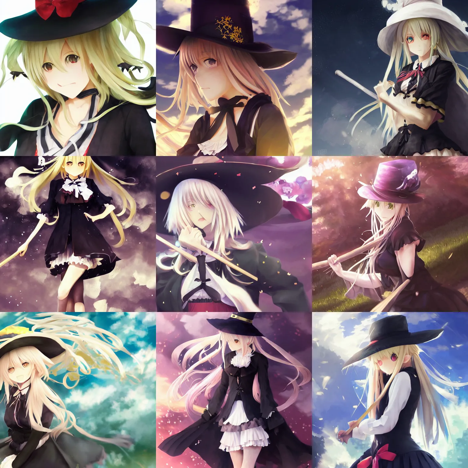 Prompt: pixiv artwork of marisa kirisame from touhou project, marisa kirisame touhou artwork by greg rutkowski key art kyoto animation 4 k 8 k ultrahd trending finely detailed award winning black hat broom blonde hair golden eyes