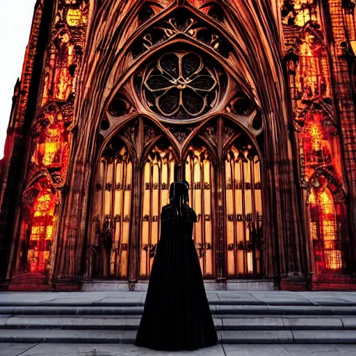 Prompt: 2 4 mm architectural shot gothic girl dressed in black, behind her a gothic cathedral, dramatic lights, dark ambients, the windows of the cathedral are reflecting red flame lights, golden hour, detailed face, intricate ornaments