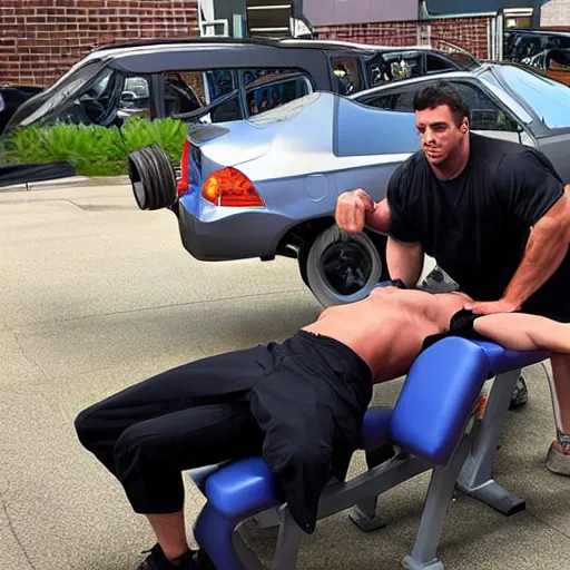 Prompt: man bench pressing an entire car