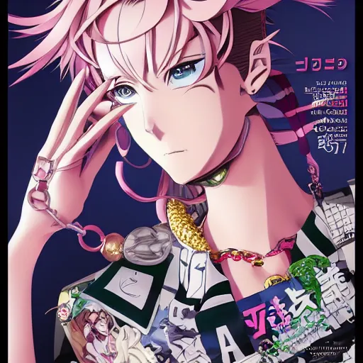 Image similar to Magazine Cover Anime key visual of a Gucci girl; official media; typography; drawn by Hirohiko Araki; Jojo's Bizarre Adventure; Jojolion, portrait, made by Stanley Artgerm Lau, WLOP, Rossdraws, James Jean, Andrei Riabovitchev, Marc Simonetti, Yoshitaka Amano, ArtStation