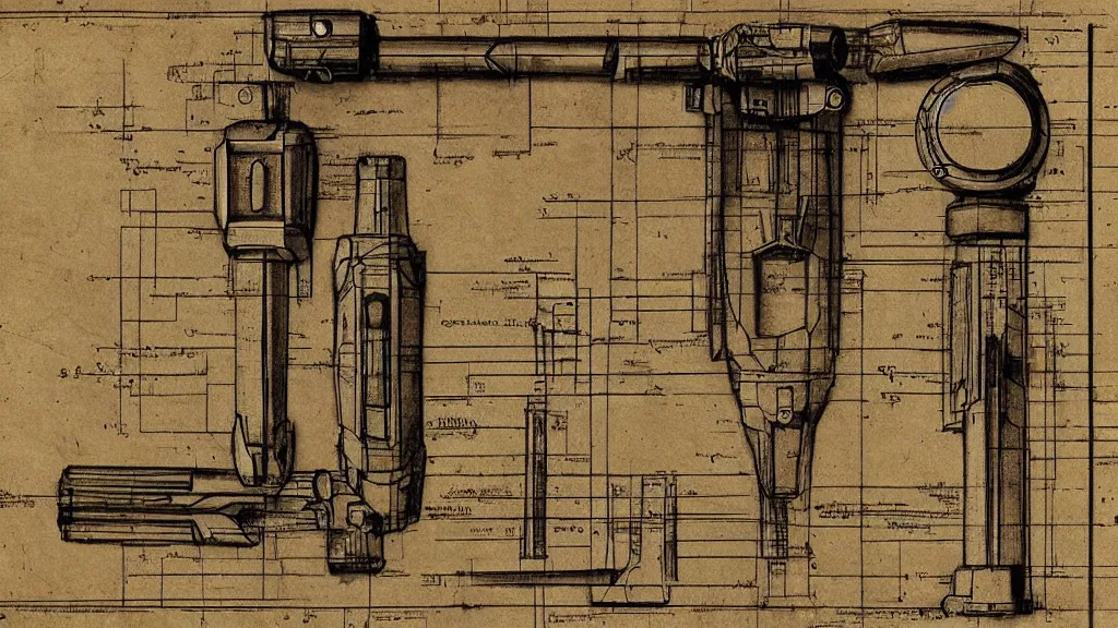 Image similar to renaissance blueprint of a lightsaber