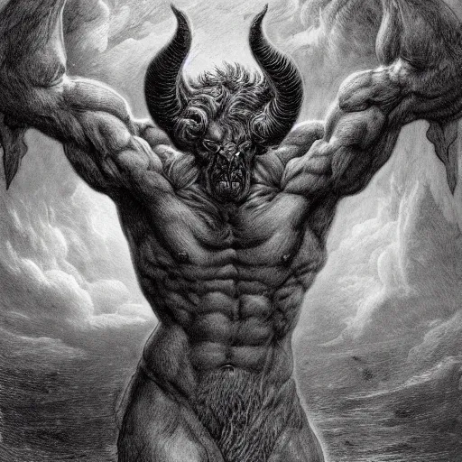 Image similar to full body, grayscale, Gustave Dore, muscled humanoid balrog beast, horns, heroic pose, swirling flames