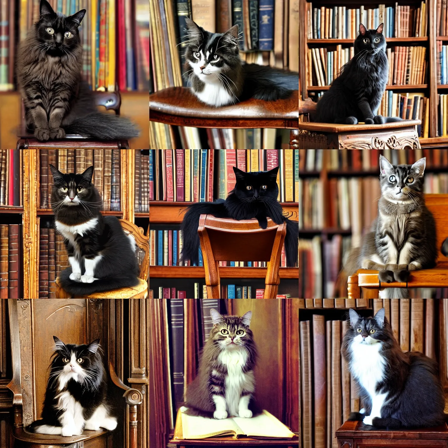 Prompt: a long haired cat sitting on a chair in a victorian library