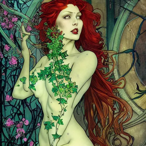 Image similar to a beautiful painting of poison ivy as a cyberpunk time traveler, dark eyeliner, intricate, elegant, highly detailed, digital painting, artstation, concept art, matte, sharp focus, illustration, art by rebecca guay and by arthur rackham and by alphonse mucha and by john william waterhouse