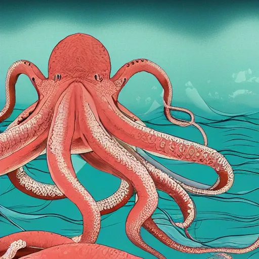 Image similar to CGI of giant octopus overlayed on ocean ukiyo-e background