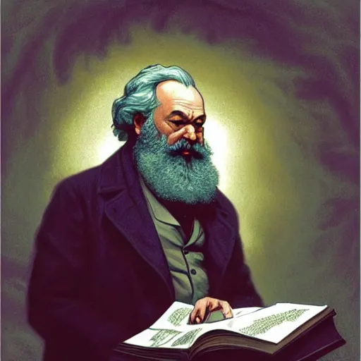 Image similar to Karl Marx pondering his orb, highly detailed, digital painting, artstation, concept art, smooth, sharp focus, illustration, art by todd lockwood and magalie villeneuve and alan lee and artgerm and greg rutkowski and alphonse mucha