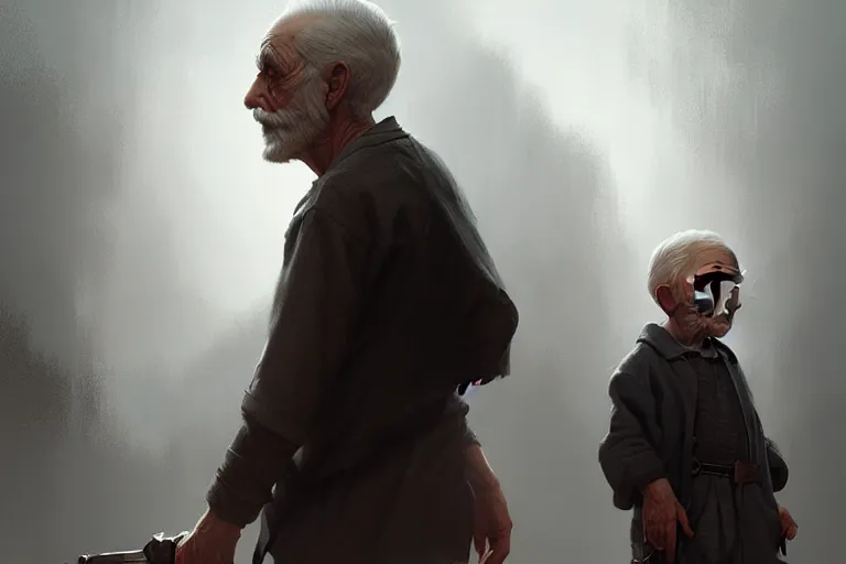 Image similar to a boy and an old man, cinematic, highly detailed, digital painting, artstation, concept art, matte, sharp focus, illustration, art by artgerm and greg rutkowski