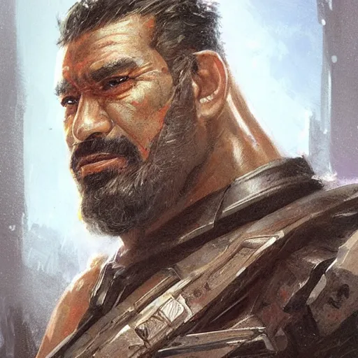 Prompt: portrait of a man by greg rutkowski, old bounty hanter, samoan features, tall and muscular, epic beard, star wars expanded universe, he is about 8 0 years old, wearing tactical armor gear.