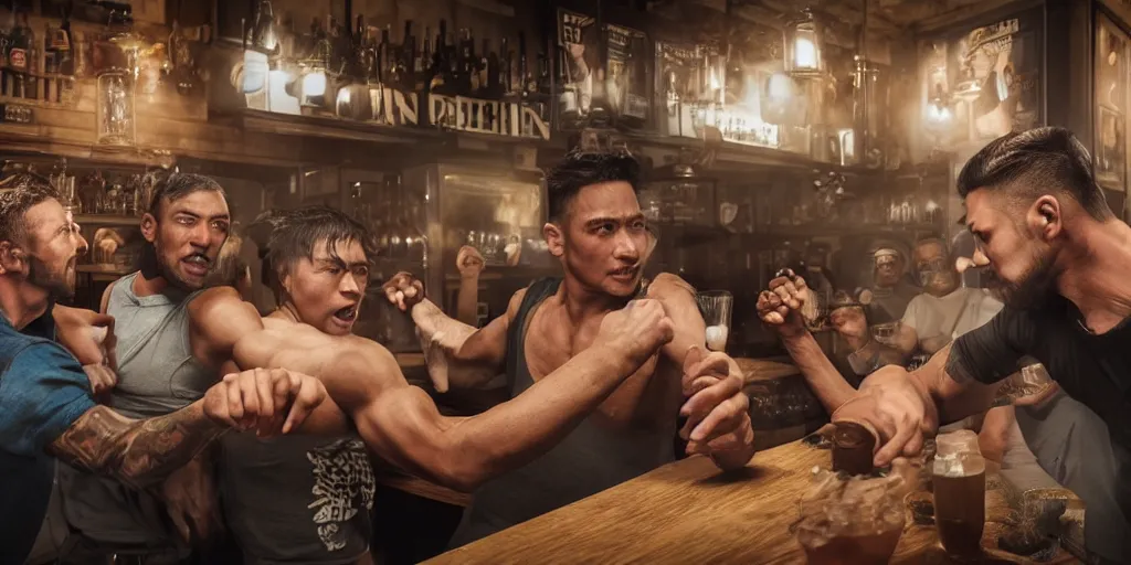 Prompt: a photo of a bar fight inside a pub between people of diverse ethnicities, Leica, symmetrical faces, muscles, detailed faces, accurate faces, 4k, 3D render, hyperrealism, editorial, photorealistic, crisp details, sharp focus, wide angle lens, octane render, cinematic lighting