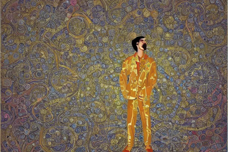 Prompt: portrait of a man standing inside his own dreams by lina iris viktor, japanese golden decorations, 2 d flat digital illustration, opulent pearl mosaics 4 k