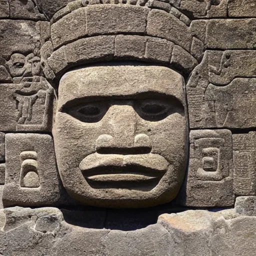 Image similar to intimidating olmec head carved into a mossy stone wall with ornate incan patterns