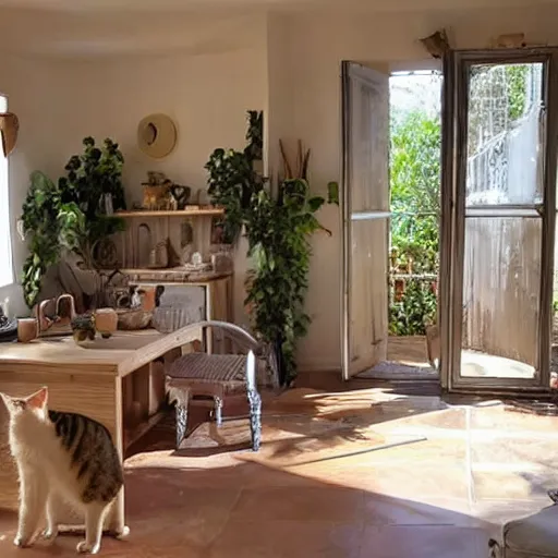 Prompt: Picture of very very very very filled provence interior room with cat sitting on the table,