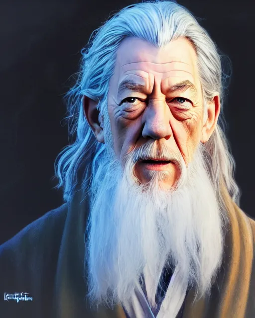 Image similar to portrait Anime joyful Gandalf Ian McKellen|| cute-fine-face, pretty face, realistic shaded Perfect face, fine details. Anime. realistic shaded lighting by katsuhiro otomo ghost-in-the-shell, magali villeneuve, artgerm, Jeremy Lipkin and Michael Garmash and Rob Rey Ilya Kuvshinov