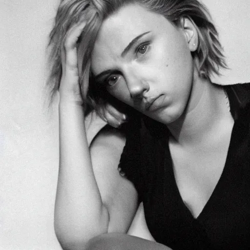 Image similar to a portrait photo of 20 year old male scarlett johansson, with a sad expression, looking forward