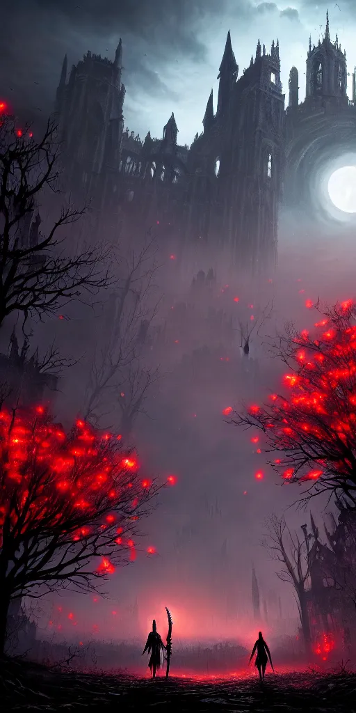 Image similar to abandoned bloodborne old valley with a obscure person at the centre and a ruined gothic city in the background, trees and stars in the background, falling red petals, epic red - orange moonlight, perfect lightning, wallpaper illustration by niko delort and kentaro miura, 4 k, ultra realistic