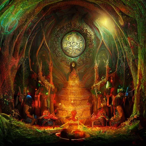 Image similar to Photorealistic magic elven shrine of the elf goddess. Hyperdetailed photorealism, 108 megapixels, amazing depth, glowing rich colors, powerful imagery, psychedelic Overtones, 3D finalrender, 3d shading, cinematic lighting, artstation concept art