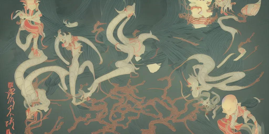 Image similar to breathtaking detailed concept art painting art deco pattern of yokai demons, by hsiao - ron cheng, bizarre compositions, exquisite detail, extremely moody lighting, 8 k