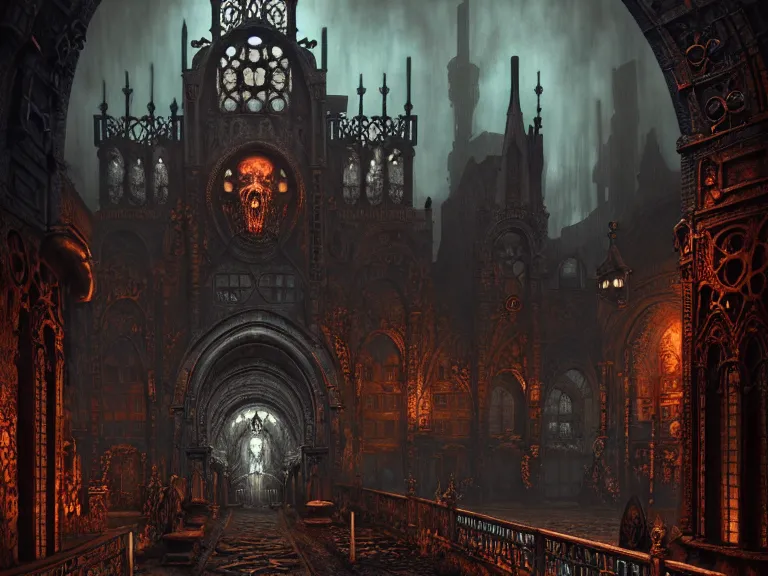 Image similar to steam necropolis, memento mori, gothic, neo - gothic, art nouveau, hyperdetailed copper patina medieval icon, stefan morrell, philippe druillet, ralph mcquarrie, concept art, steampunk, unreal engine, detailed intricate environment, octane render, moody atmospherics, volumetric lighting, ultrasharp, ominous, otherworldly