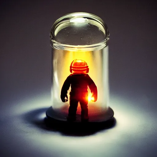 Prompt: tiny man trapped in a jar, light by shaft of coruscating sunlight, Award Winning Masterpiece On 85mm by Simon Bruntnell