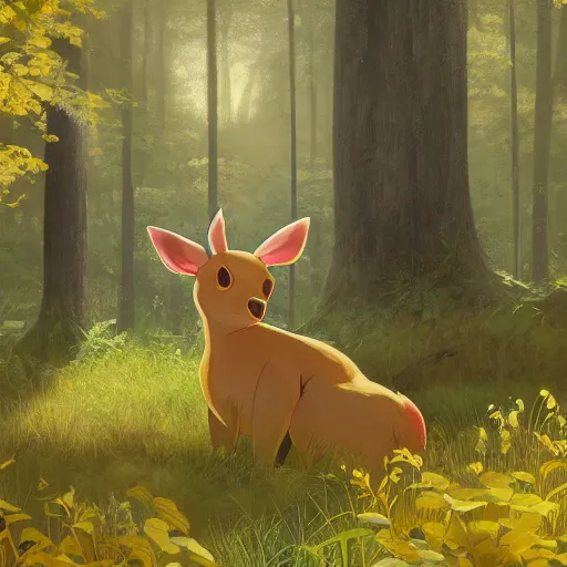 Image similar to concept art painting of an anthropomorphic chubby doe wearing yellow dress, in the deep forest, realistic, detailed, cel shaded, in the style of makoto shinkai and greg rutkowski and james gurney