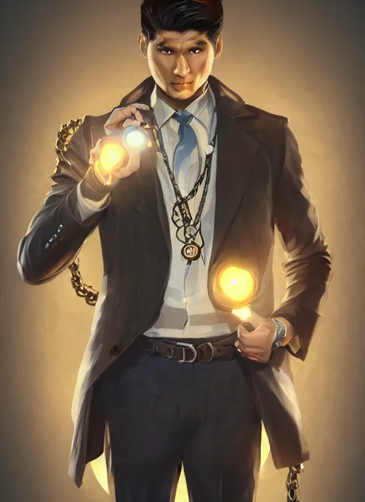 Prompt: a highly detailed illustration of Daniel Matsunaga as serious detective wearing detective coat, glowing eyes, dramatic standing holding pocket watch with chain pose, infinite space clock background, muscular, intricate, elegant, highly detailed, centered, digital painting, artstation, concept art, smooth, sharp focus, league of legends concept art, WLOP