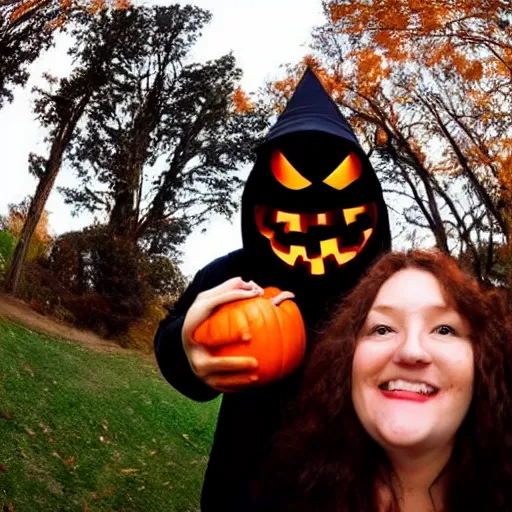 Image similar to a selfie of a woman getting photobombed, fisheye lens photography, with a spooky filter applied, with a figure in the background, in a halloween style.