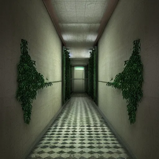 Image similar to overgrown hallway immaculate scale matte painting