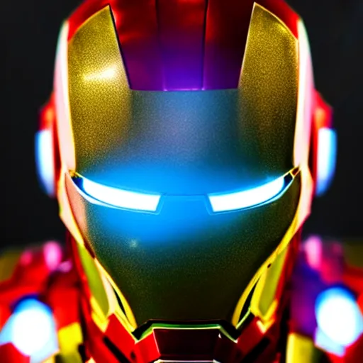 Image similar to Iron man, close up shot, neon, futuristic, photorealistic, 8K, reflection on helmet,