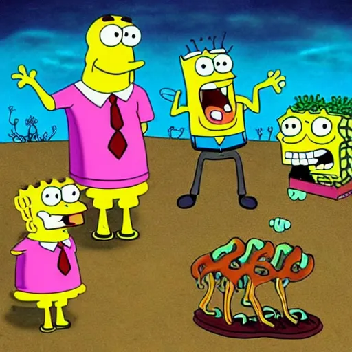 Image similar to Spongebob in the style of cannibal corpse album