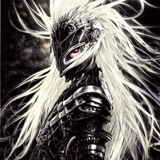 Image similar to Yoshitaka Amano realistic illustration of an anime girl with wavy white hair and cracks on her face wearing dark souls armour with the cape fluttering in the wind, abstract black and white patterns on the background, noisy film grain effect, highly detailed, Renaissance oil painting, weird portrait angle