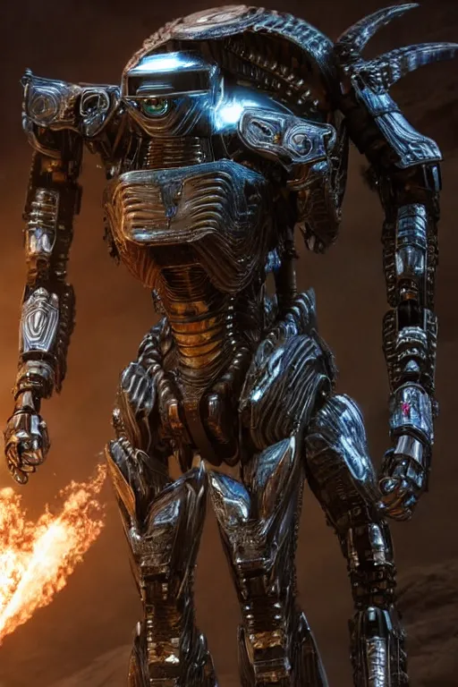 Image similar to cinematic still in dune movie and pacific rim movie and ps 5 game machine warrior 5, intricate ornate humanoid mecha warrior,