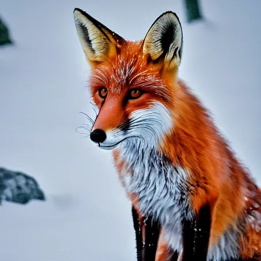 Prompt: Photorealistic photograph of a cute fox in snow by Suzi Eszterhas, photorealism, photorealistic, realism, real, highly detailed, ultra detailed, detailed, 70–200mm f/2.8L Canon EF IS lens, Canon EOS-1D Mark II, Wildlife Photographer of the Year, Pulitzer Prize for Photography, 8k, expo-sure 1/800 sec at f/8, ISO 400