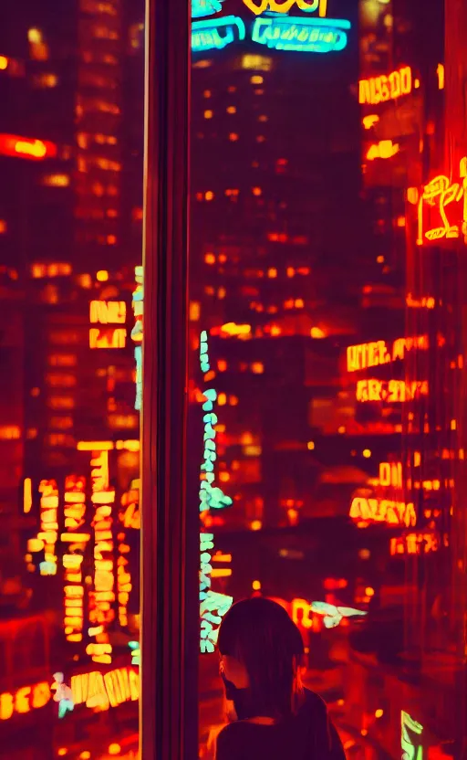 Image similar to vertical movie frame, girl in 5 0's retro restaurant, neon - decorated urban on night in the city seen through the window, modern architecture design, vintage, night, blade runner, dark, clean lines, asian futuristic city at distance, big windows, octane, wide angle