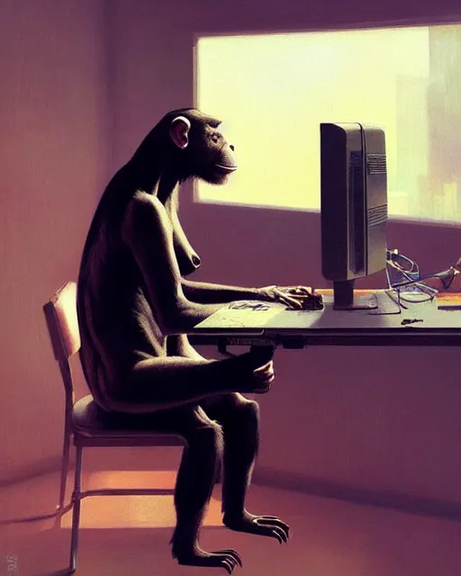 Prompt: cyberpunk hacker chimpanzee at the computer. sci - fi art by greg rutkowski, gustave courbet, rosa bonheur, edward hopper. faithfully depicted facial expression, perfect anatomy, sharp focus, global illumination, radiant light, detailed and intricate environment, trending on artstation