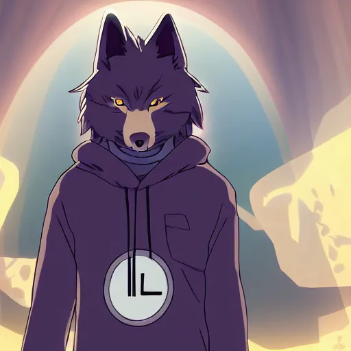 Image similar to key anime visual portrait of a handsome male anthro wolf furry fursona with beautiful eyes, wearing a hoodie, official modern animation