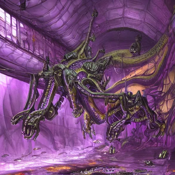 Image similar to detailed shot inside a cavernous living stomach of a giant mecha dragon, the walls purple and pulsing, slimy and hot, lots of acid pooling up on the floor, digesting a bunch humans that ended up inside, food pov, micro pov, vore, digital art, furry art, high quality, 8k 3D realistic, macro art, micro art, Furaffinity, Deviantart, Eka's Portal, G6