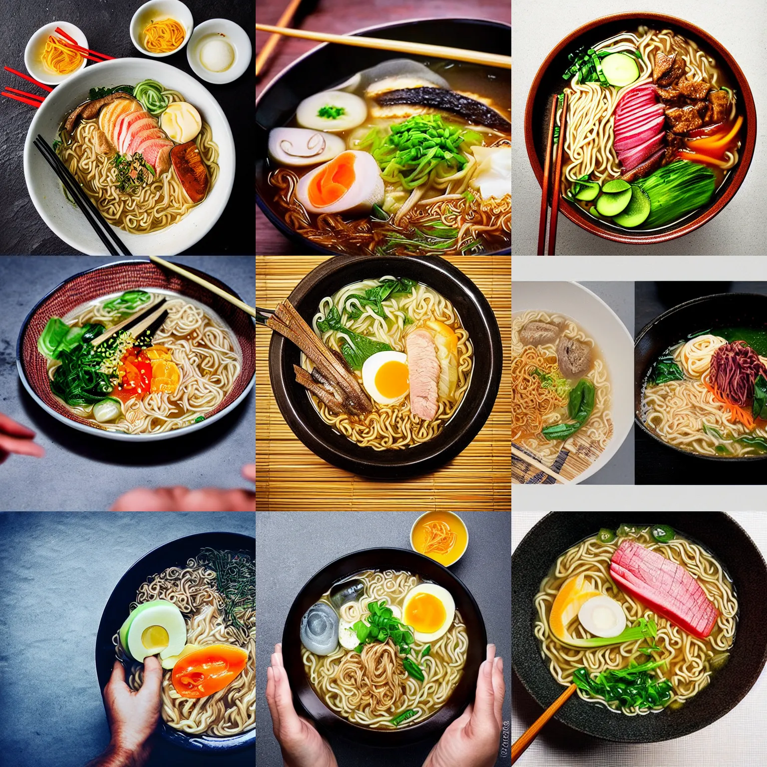 Prompt: a man discovers the meaning of life in a fresh ramen. insightful, beautiful, surrealistic. high quality food photography