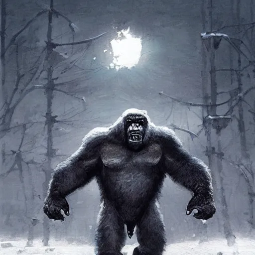Prompt: angry and aggressive king kong in winter moscow, digital painting, very detailed, art by jakub rozalski and artgerm