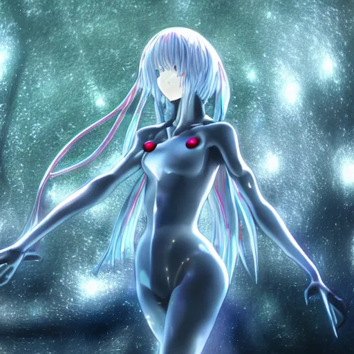 Image similar to Rei Ayanami female anime character, technological big shiny silver liquid chrome rings, inside an otherworldly planet, closed eyes, long silky thick gorgeous clean hair flowing on the wind, shot from the ground by Yoshiyuki Sadamoto, otherworldly experimental environment concept, digital art, trending on artstation, low level, 4K UHD image, octane render, Howl's Moving Castle, tranquil divine observer Nymph by ismail inceoglu nicola samori dragan bibin hans thoma greg rutkowski Alexandros Pyromallis Nekro, Jeffrey Smith, Surrealism, Rene Margitte illustrated, official anime key media, 8k, Sharp, zdzisław beksiński, highly detailed