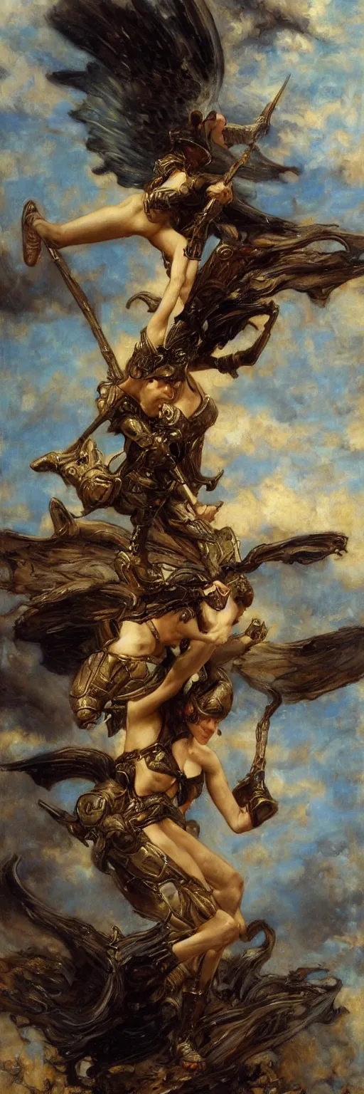 Prompt: a nymph wearing a black armor floating in the sky ready to fight angels, extremely realistic and highly detailed painting by gaston bussiere and j. c. leyendecker 8 k