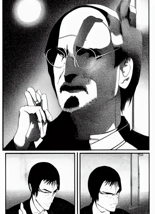 Image similar to steve jobs manga, final page, by katsuhiro otomo and hiroya oku and makoto yukimura