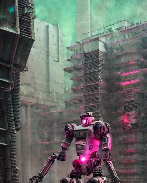 Image similar to hyperrealistic highly detailed exoskeleton mecha iridescent pink brutalist city ruins background concept art santiago caruso de chirico sharp very dramatic green light 8k low angle shallow depth of field