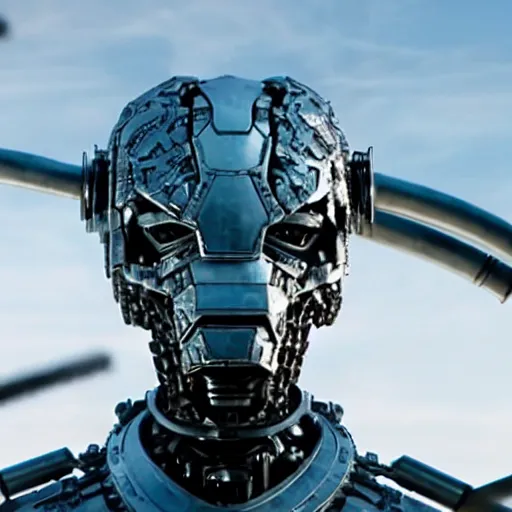 Image similar to cinematic still from westworld and real steel, very close shot of intricate ornate armored core head by fujioka kenki and by mamoru nagano,