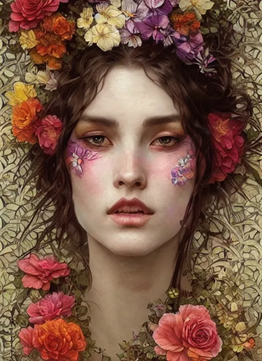 Prompt: a woman with her face painted. face painting of flowers. beautiful highly detailed face. painting by artgerm and greg rutkowski and alphonse mucha.